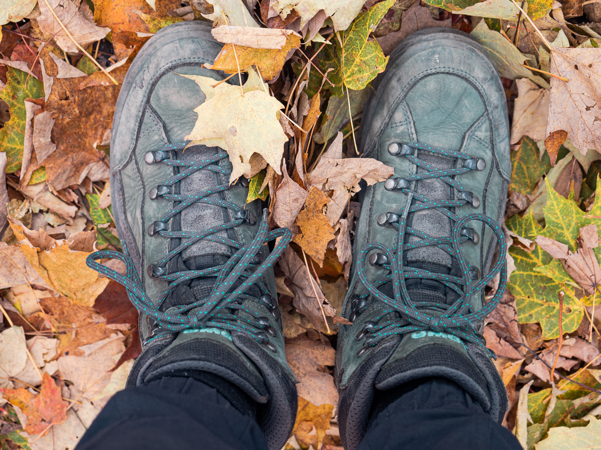 Hiking Boots in the leaves during the fall foliage in New York
