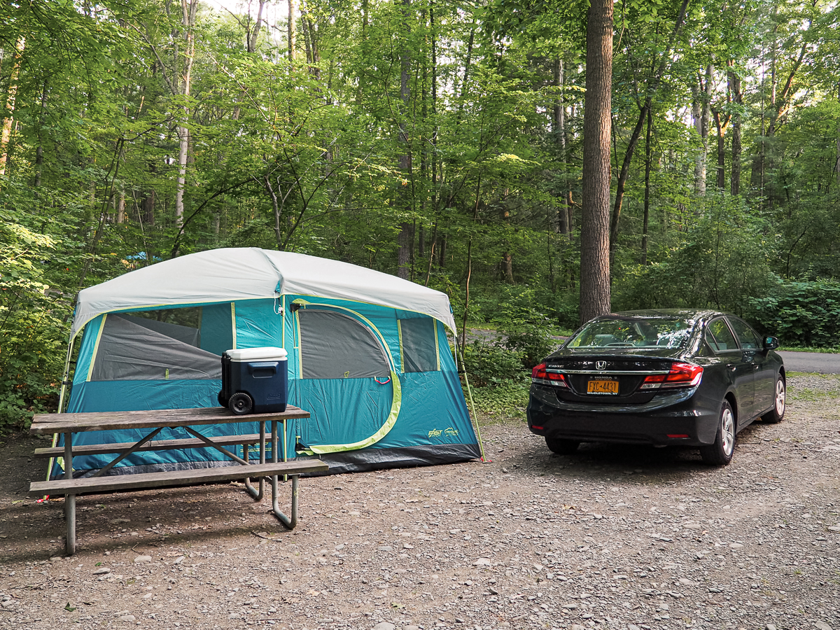 Big Tent next to our car in Watkins Glen State Park campground