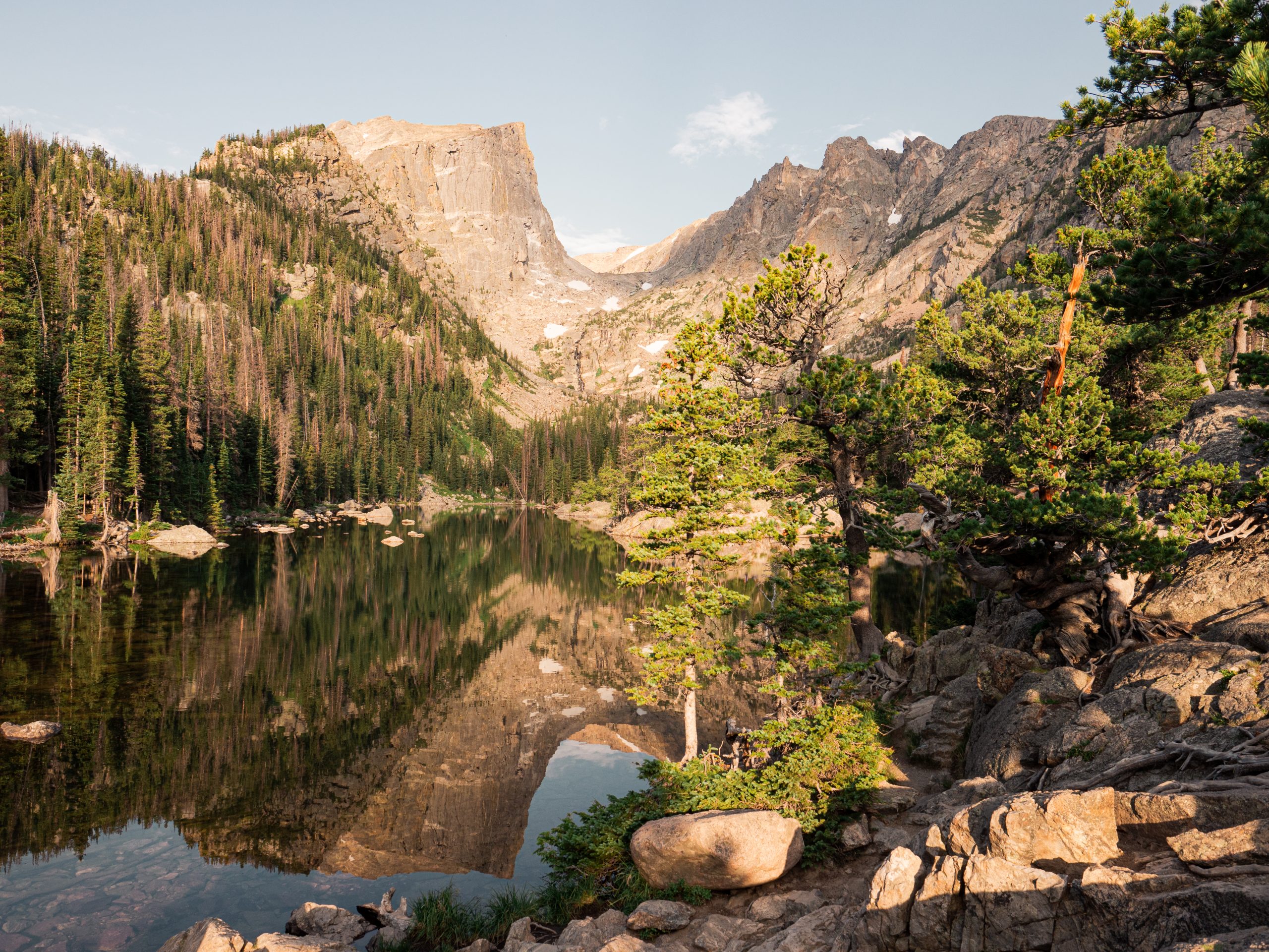 Dream Lake and the reflection of the mountains in the lake in Rocky Mountain National Park