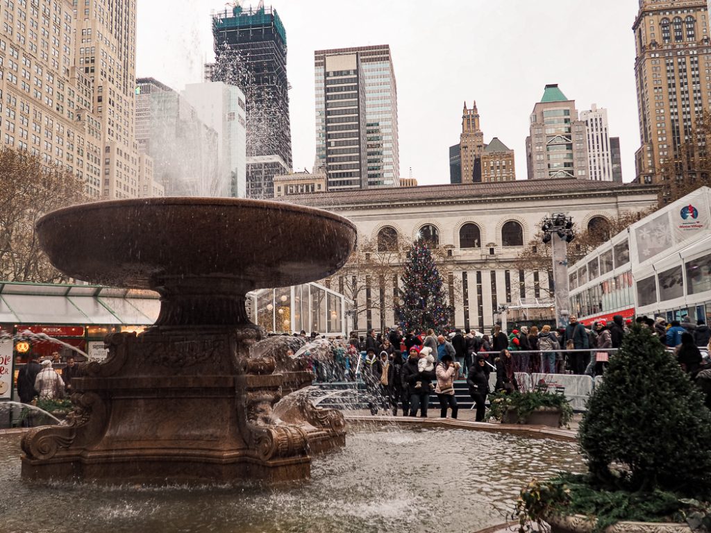 Fountain on the Holiday market in Bryant Park