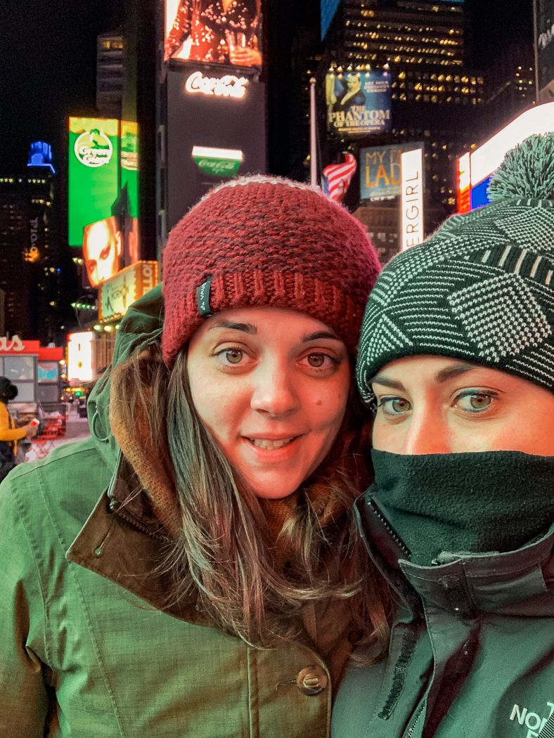 Rachel and I bundled up on Times Square 