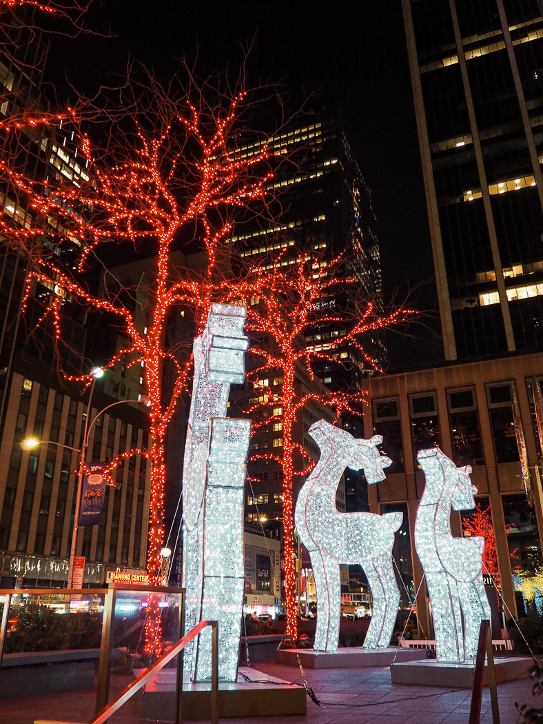 Reeindeer and lit up trees in the streets of NYC