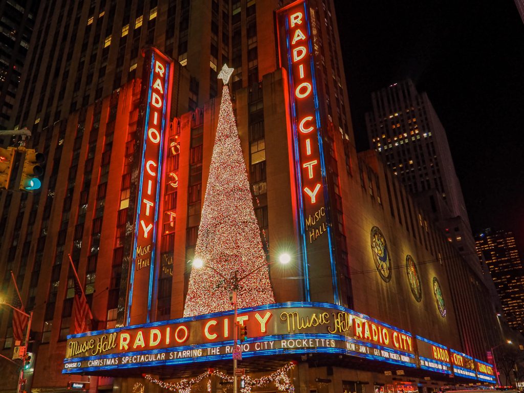The front of the Radio City Music Hall with christmas decoration