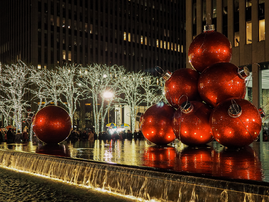 Christmas ornaments and lit up trees in NYC