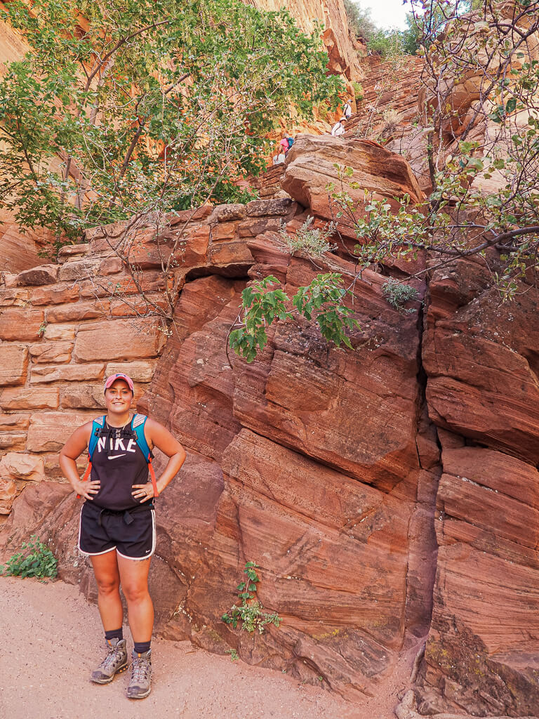 Rachel standing in front of the switchback section of Angels Landing
