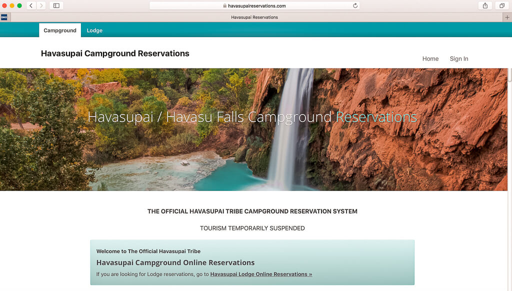 Official website to get your permit for Havasu Falls