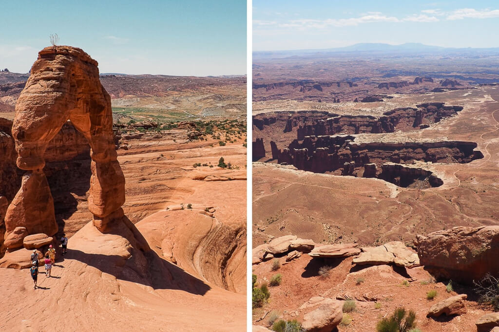 Left: Delicate Arch in Arches National Park, Right: Canyon views in Island in the Sky Canyonlands