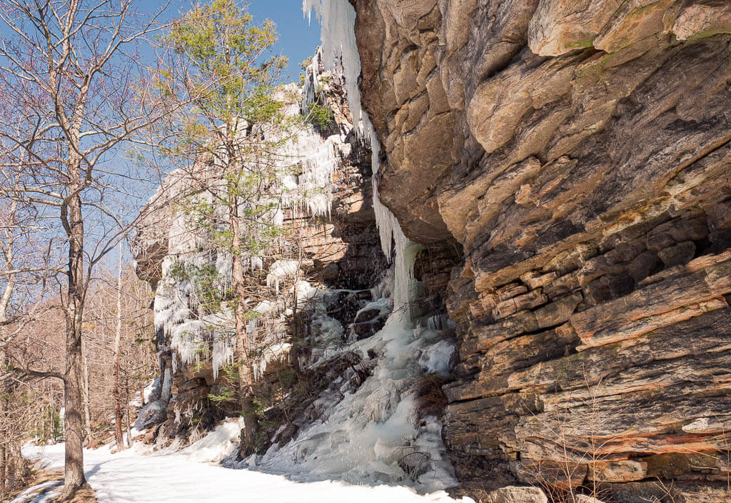 Spectacular ice formations on a cliff on the Carriageway in Minnewaska