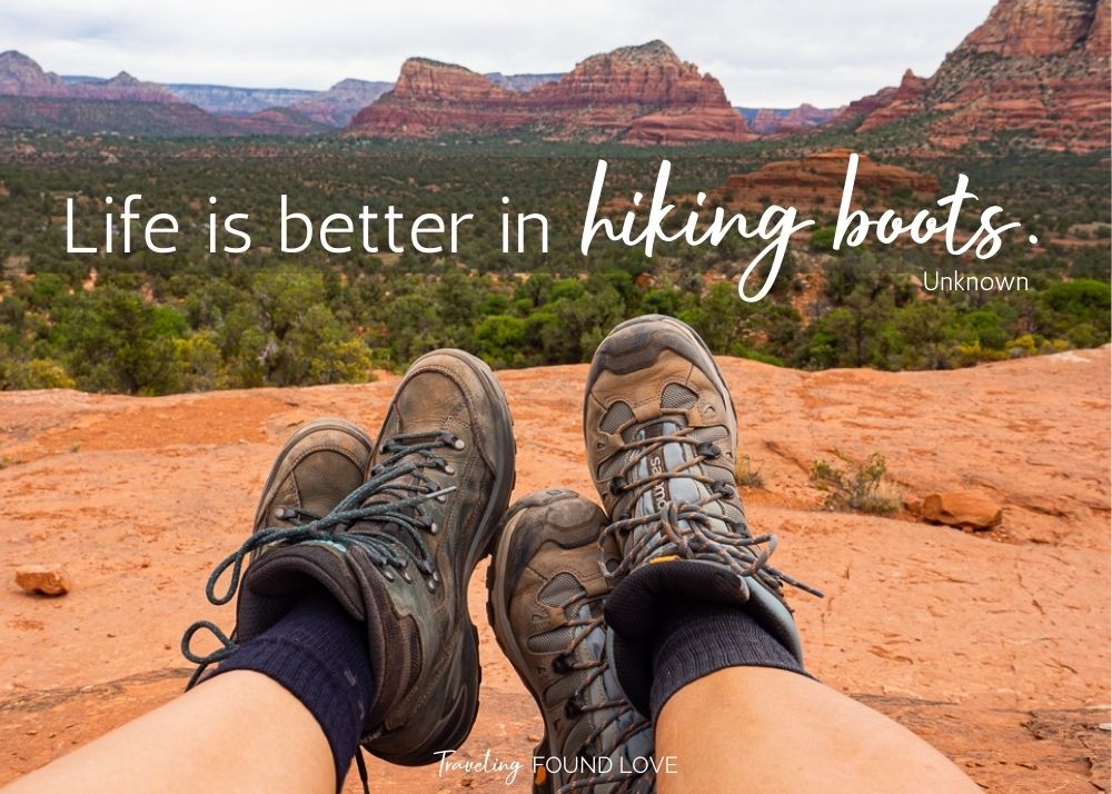 Hiking quote with our hiking boots in the background
