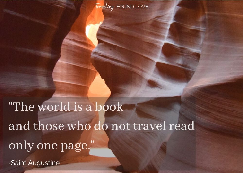 Short travel quote with high canyon walls of Antelope Canyon in the background