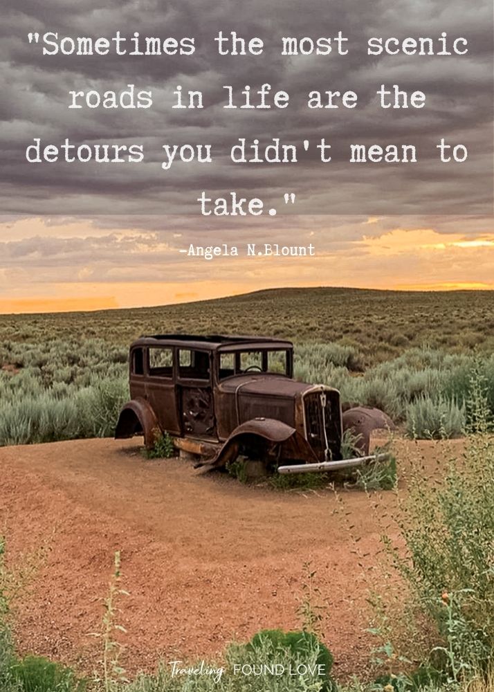 Road Trip Quote with rusty car on a dune in the background