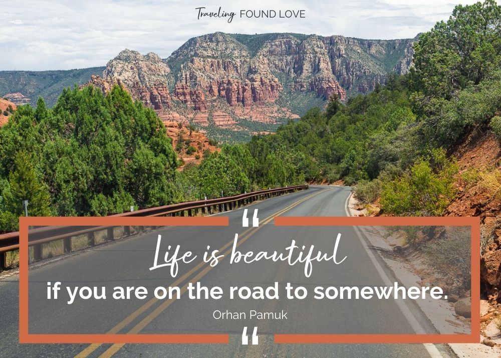 Road Trip Quote with a road leading to red rocks in Sedona in the background