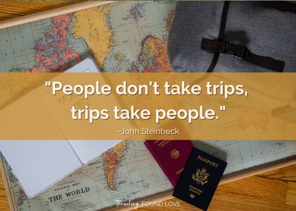 Short travel quote with world map, passport and backpacks in the background